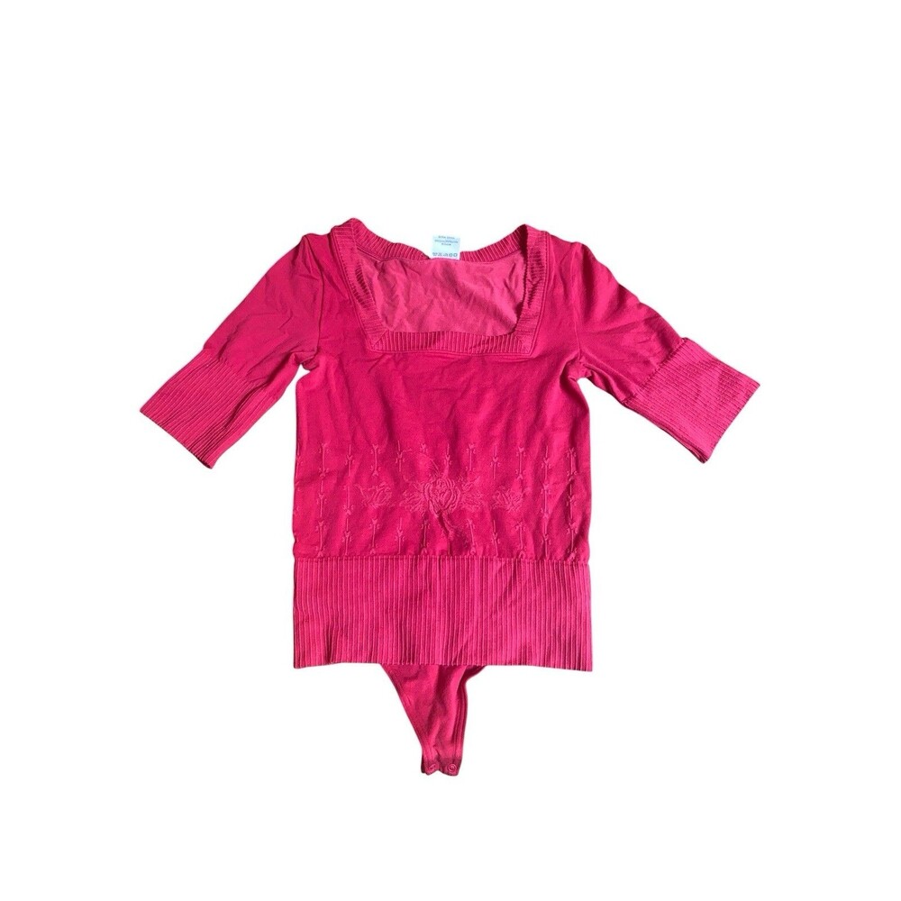 Wolford Pink Floral Thing Body Suit Square Chest Sz XS 3/4 Sleeve